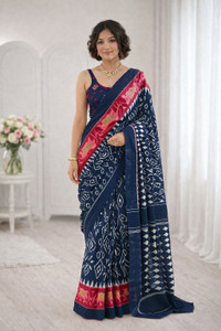 Leelavati Printed, Floral Print, Geometric Print, Blocked Printed Ikkat Pure Cotton Saree