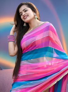 ZENBLAZE Printed, Digital Print, Striped, Self Design, Embroidered Bollywood Georgette Saree