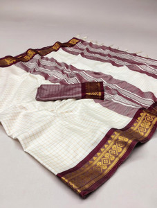 FashionPallavi Woven, Embellished, Self Design, Striped Baluchari Cotton Silk, Jacquard Saree