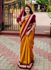 Sijileen Temple Border, Solid/Plain Sambalpuri Silk Blend Saree