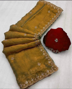 KanjiQueen Self Design, Embroidered Saree with Attached Blouse Pure Silk, Organza Saree