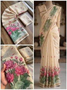 KASTURILUX Floral Print, Printed Bollywood Linen Saree