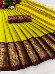 KanjiQueen Woven Kanjivaram Cotton Silk, Silk Blend Saree