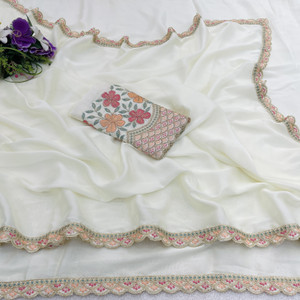 K 5 FASHION Self Design, Solid/Plain, Embroidered Bollywood Chiffon Saree