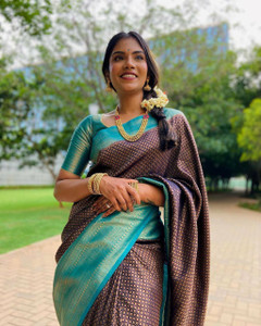 PITHAVADIWALA Woven, Animal Print, Embroidered, Floral Print, Hand Painted, Printed, Solid/Plain, Applique Kanjivaram Jacquard, Pure Silk Saree