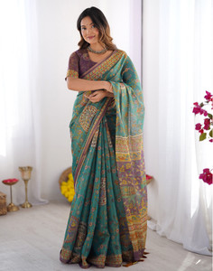 Satrani Floral Print, Woven, Embellished Kalamkari Linen Saree