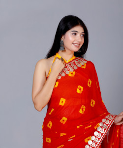 JMD Ent Self Design, Hand Painted, Digital Print, Color Block, Checkered Bandhani Chiffon Saree