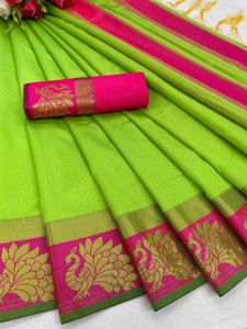 KanjiQueen Woven Kanjivaram Silk Blend, Cotton Blend Saree