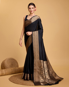 Bansari Textiles Self Design, Woven, Temple Border, Applique, Striped, Printed Banarasi Cotton Blend, Jacquard Saree