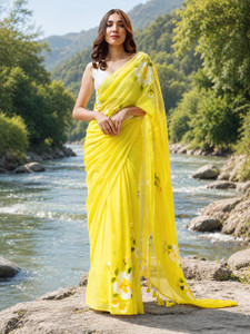SIRANJAYTEX Floral Print, Hand Painted Daily Wear Cotton Linen Saree