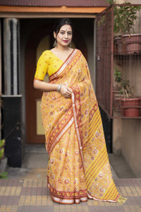 KHIMAJMAAFASHION Hand Painted, Blocked Printed, Printed, Digital Print Kota Doria Cotton Silk Saree
