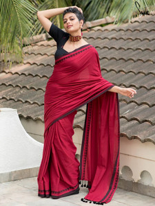 SAPTAK FASHION Solid/Plain Handloom Cotton Blend Saree