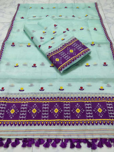 GRUJHA Self Design Mekhela Chador Cotton Blend Saree