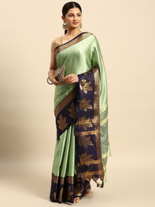VILLAGIUS Embellished, Floral Print, Printed, Self Design, Temple Border, Solid/Plain, Woven Kanjivaram Cotton Silk, Art Silk Saree