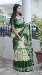 NEXLEST Printed Hand Batik Cotton Linen Saree