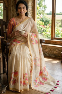 grownext Floral Print Chanderi Cotton Linen Saree
