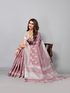 ALAGINI Woven Lucknow Chikankari Cotton Linen, Pure Cotton Saree