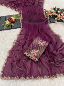 V AMAN FASHION Solid/Plain, Embroidered Bollywood Silk Blend Saree