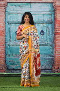 Kiaaron Floral Print Ikkat Pure Cotton Saree