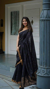 KRIYANSH Self Design, Woven, Applique, Printed, Temple Border, Striped Kanjivaram Jacquard, Cotton Blend Saree