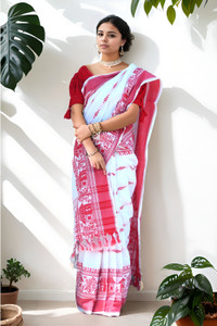 ADIVASI SHOP Solid/Plain Handloom Cotton Blend Saree