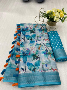 SANJEVAY Printed Assam Silk Linen Saree