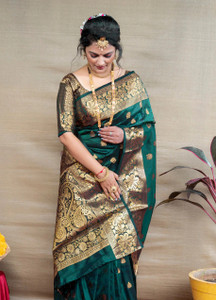 KanjiQueen Woven, Self Design Banarasi Silk Blend, Pure Silk Saree