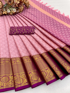 KanjiQueen Woven Kanjivaram Cotton Silk, Silk Blend Saree
