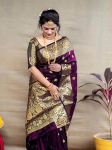 KanjiQueen Woven, Self Design Banarasi Silk Blend, Pure Silk Saree