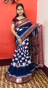 ARTFULTHREADS प्रिंटेड, कलर ब्लॉक संबलपुरी प्योर कॉटन साड़ी