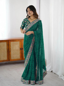 Satrani Printed, Embellished, Embroidered Bandhani Georgette Saree
