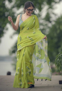 KITKET FASHION Printed Bollywood Cotton Linen Saree