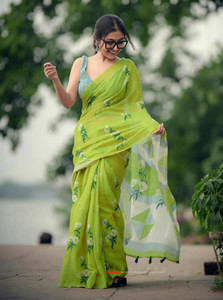KITKET FASHION Printed Bollywood Cotton Linen Saree