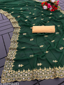 Disha Fashion Embroidered Banarasi Georgette, Silk Blend Saree