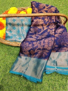 THESIYA FAB Self Design, Paisley, Ombre, Temple Border, Striped, Woven, Floral Print, Polka Print, Solid/Plain Bollywood Brasso, Art Silk Saree