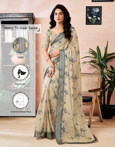 Samah Floral Print, Geometric Print, Printed Daily Wear Linen Saree