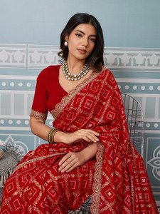 Pbs Prints Printed, Embellished Bandhani Silk Blend Saree