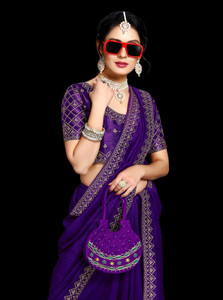 Vivan Fab Temple Border, Embroidered Bollywood Art Silk, Lace Saree