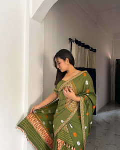 GRUJHA Self Design Mekhela Chador Cotton Blend Saree