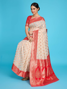 VIRDHI TEXTILE Printed, Self Design, Embellished, Woven, Geometric Print Banarasi Jacquard, Linen Saree