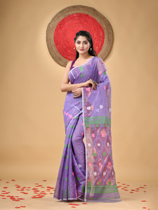 Desh Bidesh Woven, Self Design, Striped Jamdani Handloom Cotton Blend, Pure Cotton Saree