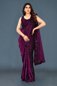 ENCLIQ Self Design Bollywood Lycra Blend, Velvet Saree