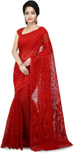 WoodenTant Self Design, Woven Jamdani Cotton Blend, Cotton Silk Saree