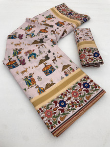 Kjs Floral Print, Digital Print Kalamkari Silk Blend Saree