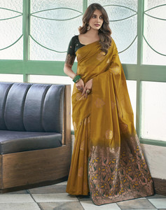 PRIMENIKS Woven, Embellished, Self Design Banarasi Silk Blend, Jacquard Saree
