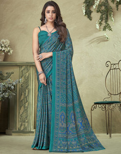 Samah Floral Print, Geometric Print, Printed Bollywood Silk Blend, Crepe Saree