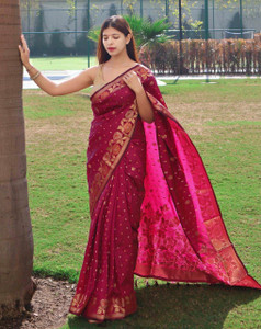 Lyuson Creation Self Design, Woven, Polka Print Banarasi Jacquard, Satin Saree