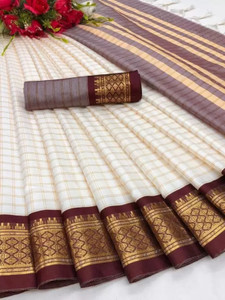 KanjiQueen Checkered Banarasi Silk Blend, Pure Cotton Saree