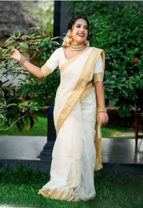 Jyanshu Creation Solid/Plain, Striped, Woven Kasavu Cotton Silk Saree