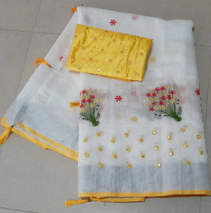 KRIVITY Embroidered Bollywood Cotton Linen Saree